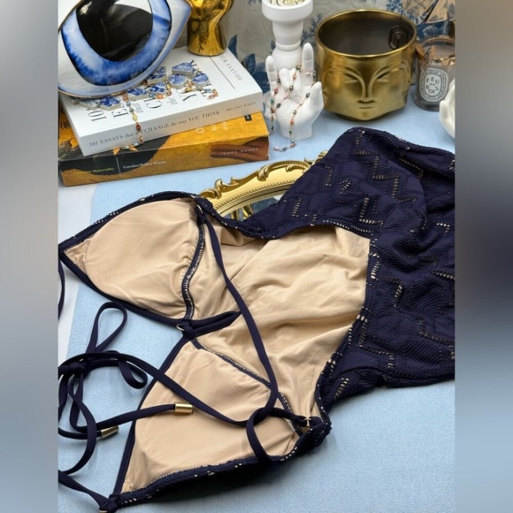 🆕 ZIMMERMANN 🧿NWOT Pointelle-Knit Halterneck Swimsuit, Plum-Navy, Sz 3 US 8/10 - Picture 11 of 14